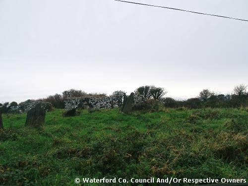 Hackettstown Graveyard, An Sean Phobal, Co. Waterford. View from roadside with ruins of Church in background.  